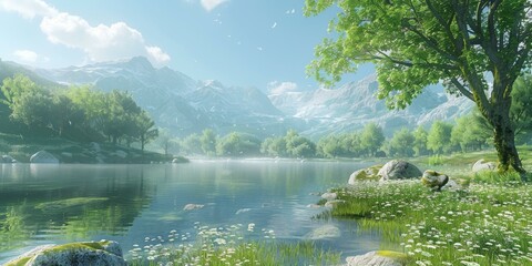 Wall Mural - Tranquil mountain lake in the valley with green trees and white flowers on the shore