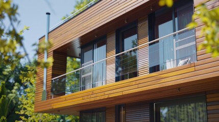 Aufkleber - A wooden house with a balcony, suitable for real estate or architecture projects