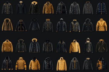 Poster - Various styles of jackets displayed on a dark backdrop. Ideal for fashion or retail concepts