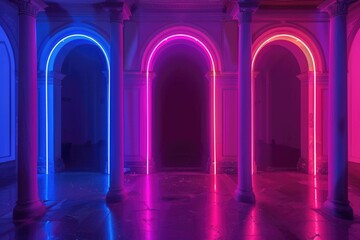 Poster - Interior with columns and colorful neon lights. Ideal for architectural design concepts
