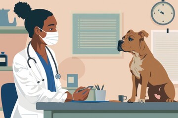 Poster - A woman in a lab coat sitting at a desk with a dog. Suitable for science and research themes