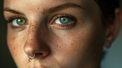 Poster - A close up image of a person with a nose ring. Suitable for lifestyle or fashion themes