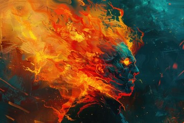 Poster - A striking digital painting of a man with fire emitting from his head. Ideal for fiery and intense concepts