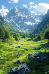 Canvas Print - The verdant valley between the majestic snow-capped mountains