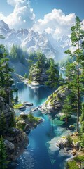 Wall Mural - Tranquil Mountain Lake in a Valley with Green Rocky Islands