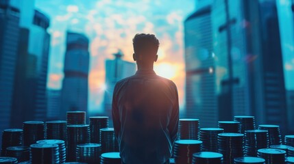 Poster - strategic view of investment opportunities, symbolized by the man contemplating the cityscape surrounded by stacks of coins, indicating a thoughtful approach to financial growth and wealth management.