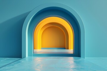 Canvas Print - Blue and yellow 3D rendered archway