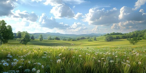 Wall Mural - Green rolling hills with white clouds in the blue sky
