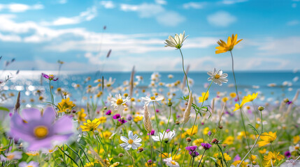 Wall Mural - a field of wild flowers under the blue sky