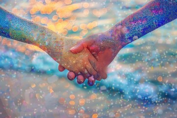 Aufkleber - A couple holding hands in front of a blurry background. Suitable for various concepts