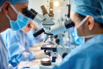 Poster - Group of doctors analyzing samples with a microscope. Suitable for medical and scientific concepts