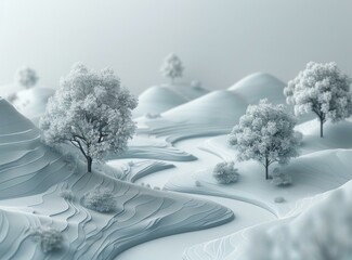 Poster - White 3D landscape with hills and trees