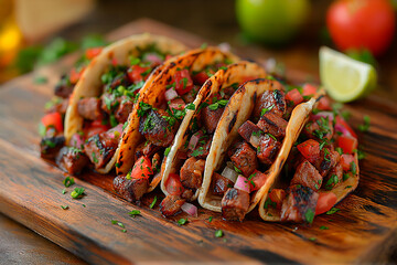 Wall Mural - Fresh mexican food tacos on the wooden board with limes tomatos beef meet and onions.
