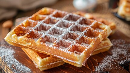 reshly made waffles with a dusting of powdered sugar, ready to serve