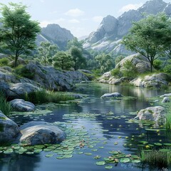 Wall Mural - The water lilies in the mountains are in full bloom, and the scenery is picturesque