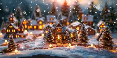 Poster - Christmas village in the snow with decorated houses, trees, and lights