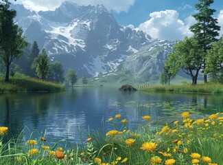 Wall Mural - Mountains, lake and flowers