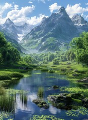 Wall Mural - Mountains, lake and green field