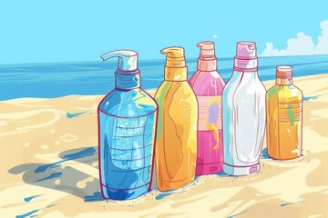 Poster - Bottles sitting on a sandy beach, suitable for travel or environmental concepts