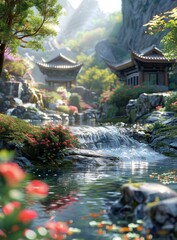 Wall Mural - A beautiful Chinese garden with a waterfall and a pavilion