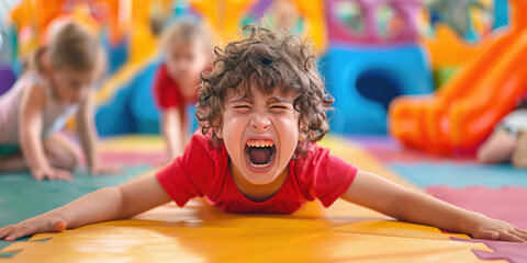 crying children having a tantrum at a day care. portrait of a sad child in kindergarten, hysteria, c