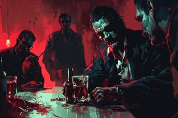 Wall Mural - A spooky scene with zombies sitting together. Perfect for Halloween events