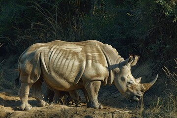 Poster - A powerful rhino standing on a dirt field. Suitable for wildlife concepts