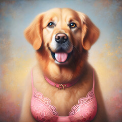 Wall Mural - A golden retriever with a friendly expression wearing a pink lace bra