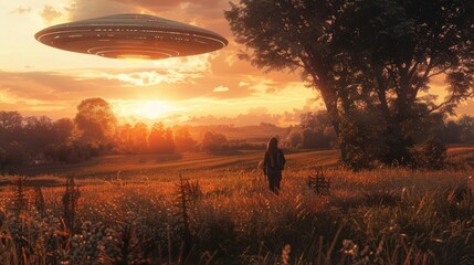 Aufkleber - A person standing in a field with a flying saucer, suitable for sci-fi themed designs