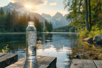 Bottle and glass of pouring crystal water against blurred nature snow mountain landscape background