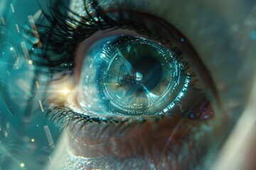 Poster - A detailed view of an eye with a clock reflection. Perfect for illustrating the concept of time management