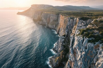 Wall Mural - Aerial view of a cliff face with water below. Ideal for nature and travel concepts