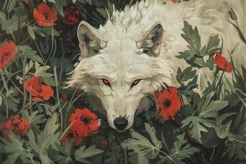 Canvas Print - Majestic white wolf surrounded by colorful flowers. Perfect for nature lovers