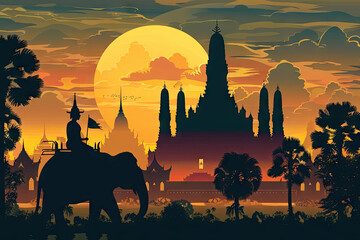 Thailand famous landmark in scenery design and tourist on elephant back