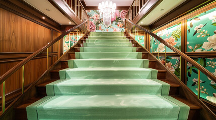 Wall Mural - Luxury mansion foyer with mint green carpeted stairs featuring a floral wallpaper backdrop and elegant wood paneling Overhead a modern chandelier casts soft light