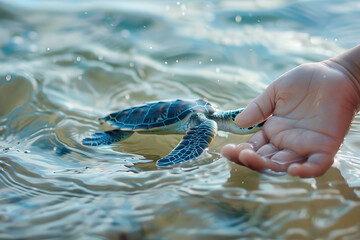 Wall Mural - A baby turtle is being held by a person in the water