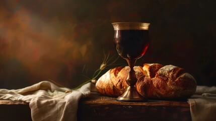 Wall Mural - A serene depiction capturing the essence of communion through a still life composition featuring a chalice filled with wine and a loaf of bread