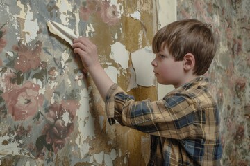 Poster - A young boy holding a pair of scissors. Suitable for educational materials