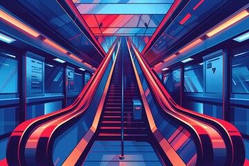 Poster - An escalator in a subway station with vibrant red and blue lights. Suitable for transportation or technology concepts