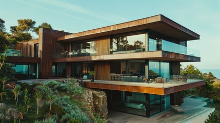 Aufkleber - A contemporary house with a stunning glass balcony overlooking the ocean. Perfect for real estate or travel concepts