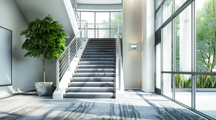 Wall Mural - Modern mansion entry with heather grey carpeted stairs highlighted by an art deco railing and a minimalist design Large windows allow natural light to enhance the refined simplicity