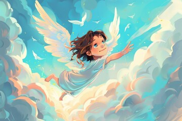 Poster - A girl flying through the sky with a bird in her hand. Suitable for various creative projects