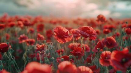 Poster - Beautiful field of red poppies under a dramatic cloudy sky. Ideal for nature and landscape designs