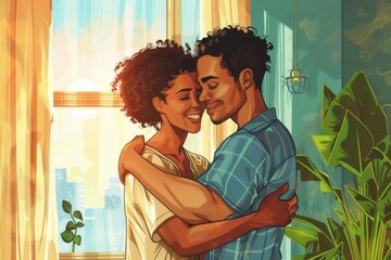 Poster - Romantic embrace by a window, suitable for lifestyle or relationship themes
