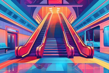 Poster - Vibrant escalator in urban subway setting, great for transportation concepts