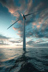 Poster - A modern wind turbine standing in the middle of the ocean. Suitable for energy and environment concepts