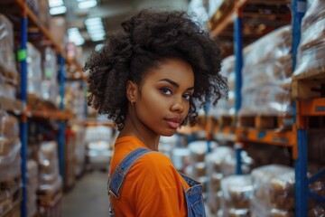 Aufkleber - A woman wearing an orange shirt and overalls in a warehouse. Suitable for industrial and work-related concepts