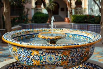 Poster - A beautiful fountain in a courtyard with a building in the background. Ideal for architectural and outdoor design concepts
