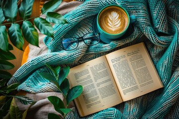 Poster - A cozy scene with an open book and a cup of coffee on a blanket. Perfect for relaxation and leisure concepts