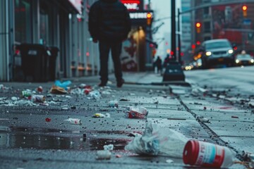 Wall Mural - Person walking down street next to trash, suitable for urban lifestyle themes